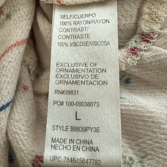 Democracy Peplum Flounce Split Sleeve Embroidered Placket Front Printed Top Sz L - Picture 8 of 8